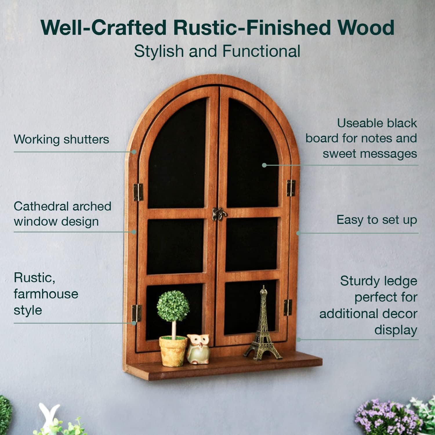 Load image into Gallery viewer, Rustic Arched Window Wood Frame Board - Farmhouse Style Frame Wall Decor with Window Sill &amp; Shutters
