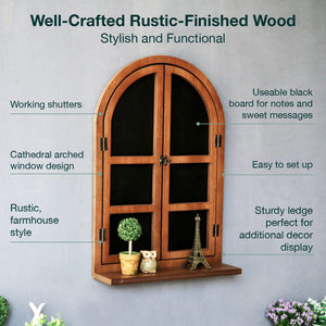 Rustic Arched Window Wood Frame Board - Farmhouse Style Frame Wall Decor with Window Sill & Shutters