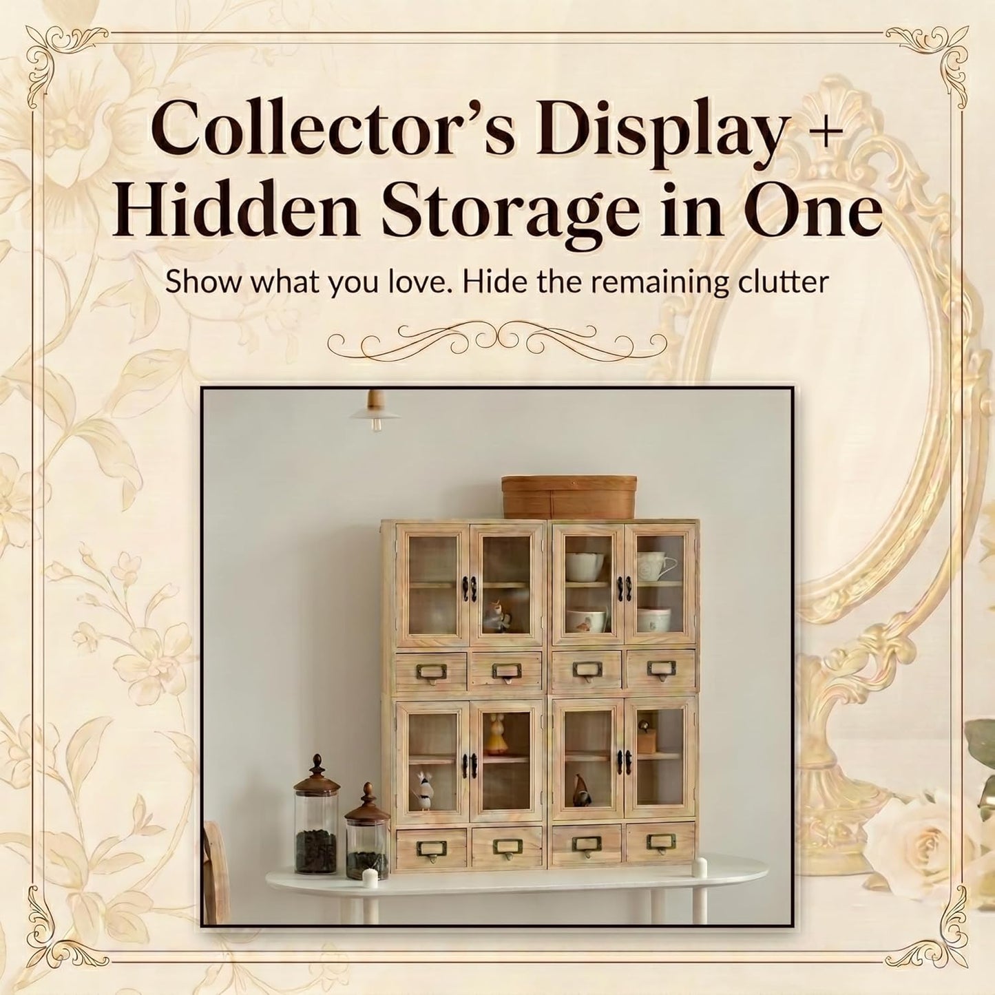 Natural Pine Glass Door Display Cabinet Set - Stackable 4-Piece Wooden Storage Organizer with 8 Drawers for Collectibles, Tea, Crafts & Decor