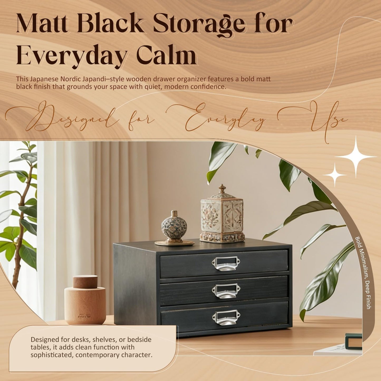 Matte Black Wooden 3-Drawer Desktop Organizer - Stackable Modular Storage Cabinet with Label Pull Handles for Desk, Shelf, Vanity & Crafts