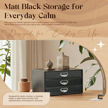 Matte Black Wooden 3-Drawer Desktop Organizer - Stackable Modular Storage Cabinet with Label Pull Handles for Desk, Shelf, Vanity & Crafts