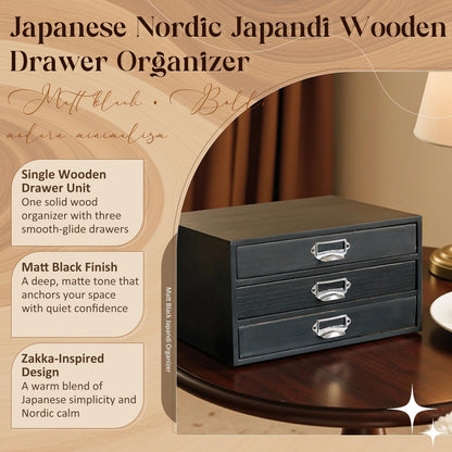 Matte Black Wooden 3-Drawer Desktop Organizer - Stackable Modular Storage Cabinet with Label Pull Handles for Desk, Shelf, Vanity & Crafts