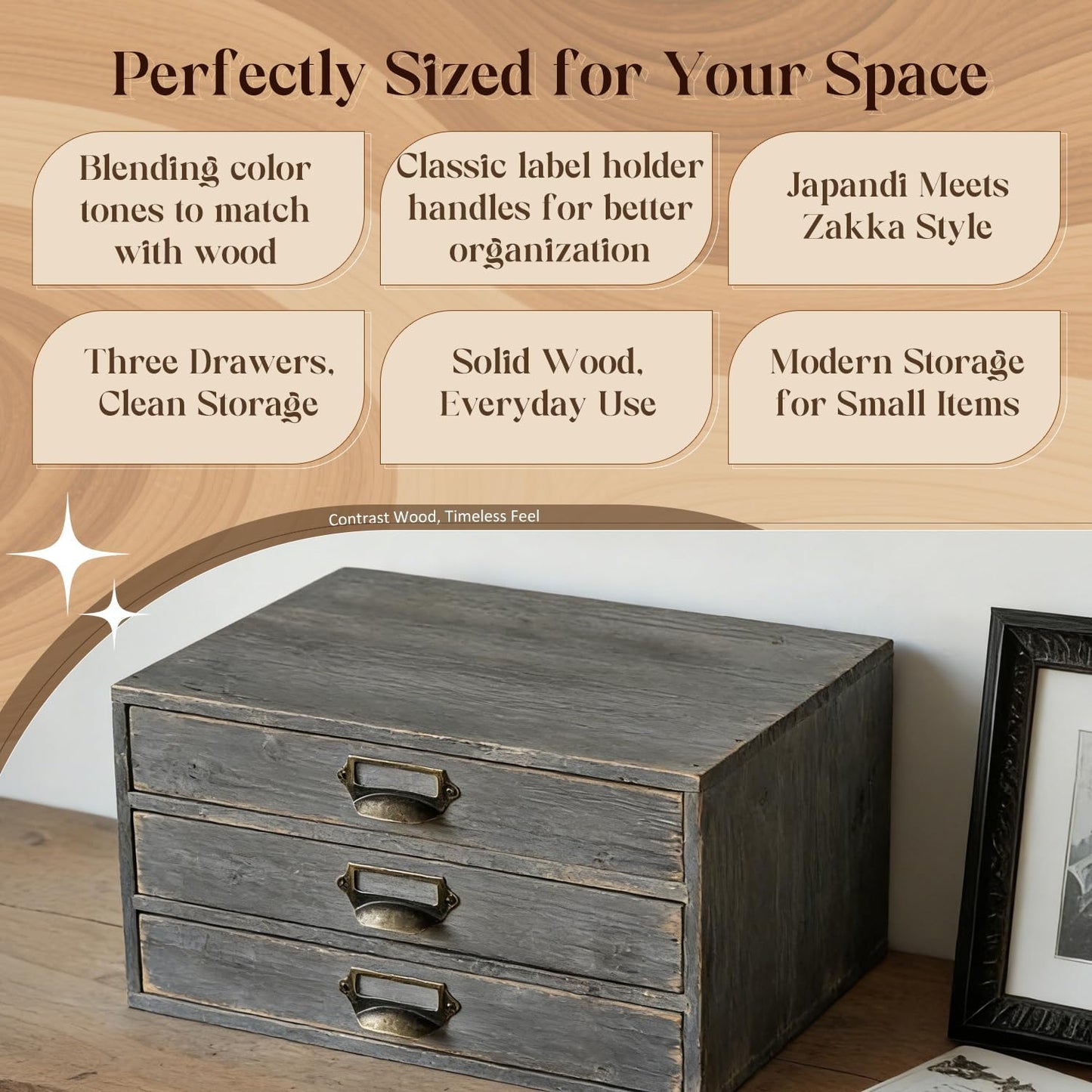 Stone Gray Wooden 3-Drawer Desktop Organizer - Stackable Modular Storage Cabinet with Label Pull Handles for Desk & Shelf