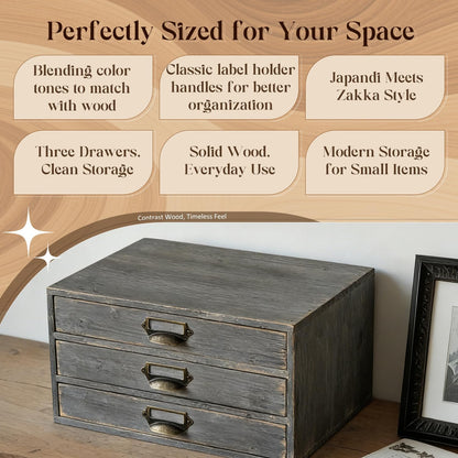 Stone Gray Wooden 3-Drawer Desktop Organizer - Stackable Modular Storage Cabinet with Label Pull Handles for Desk & Shelf