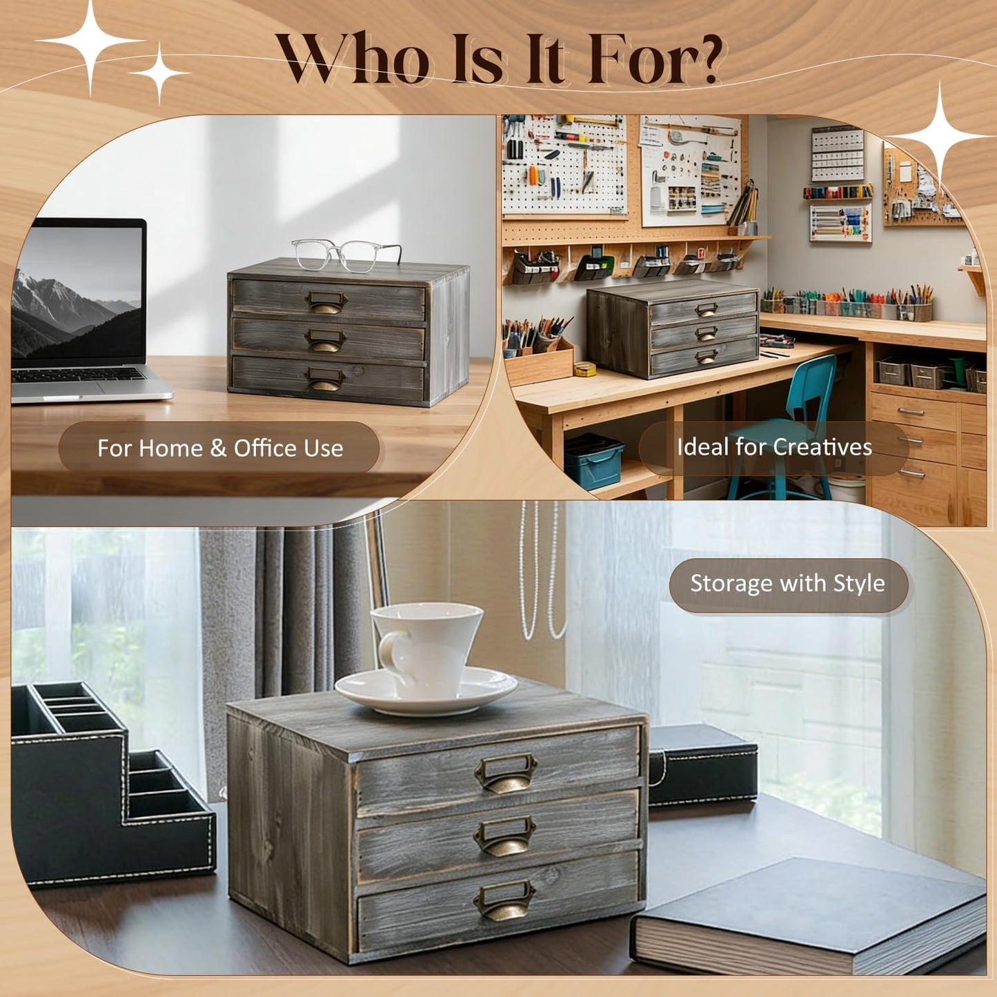 Stone Gray Wooden 3-Drawer Desktop Organizer - Stackable Modular Storage Cabinet with Label Pull Handles for Desk & Shelf