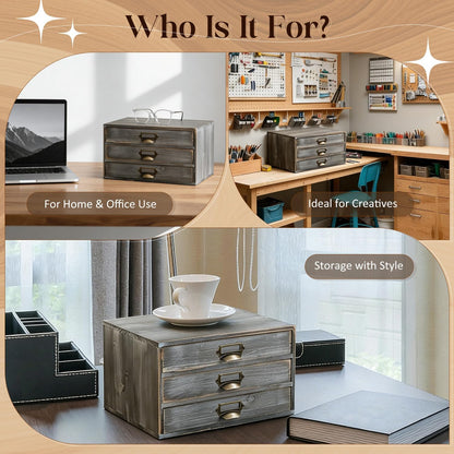 Stone Gray Wooden 3-Drawer Desktop Organizer - Stackable Modular Storage Cabinet with Label Pull Handles for Desk & Shelf