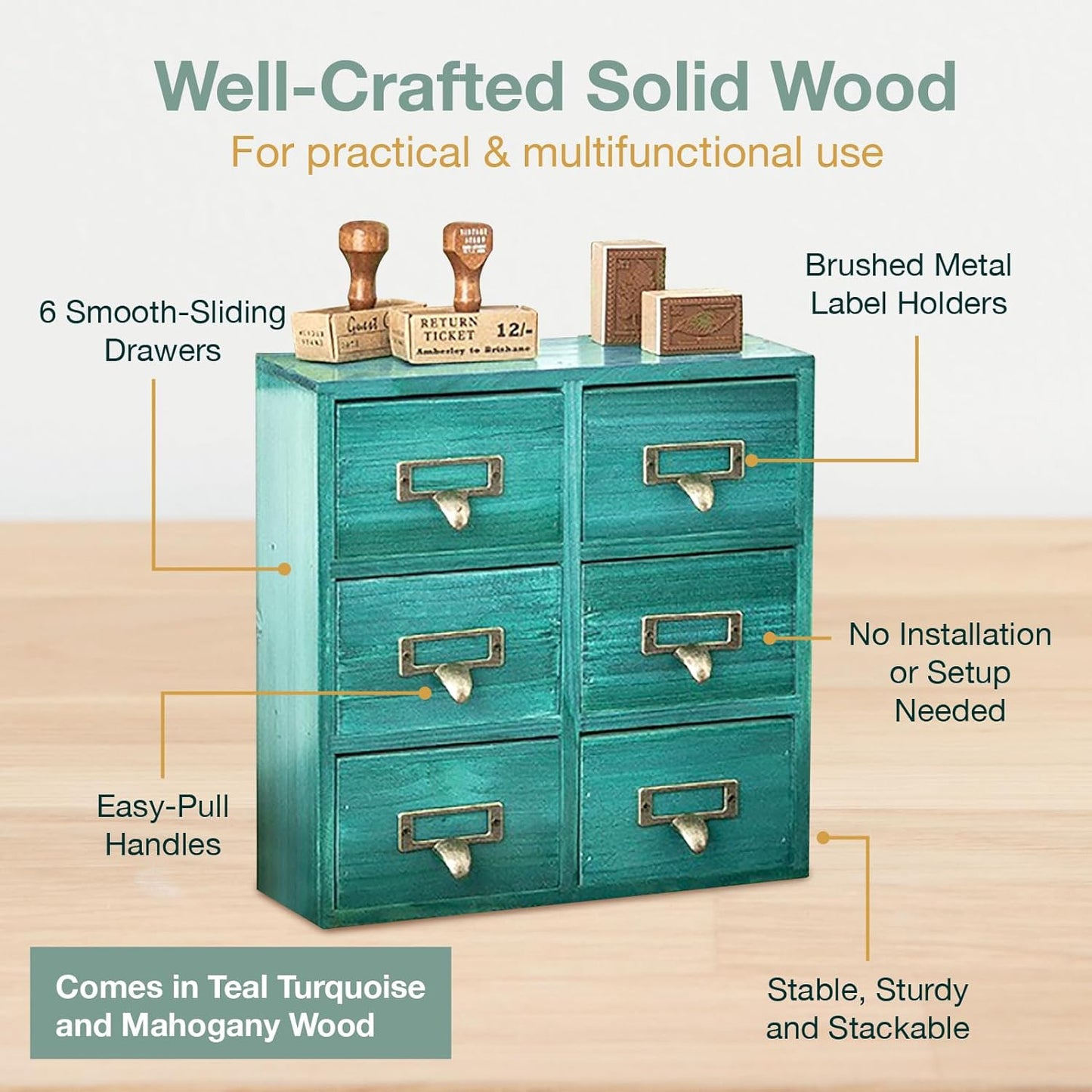 Vintage Card Catalog Drawers for Desktop - 6-Drawer Mini Wood Desktop Cabinets-Fully Assembled
