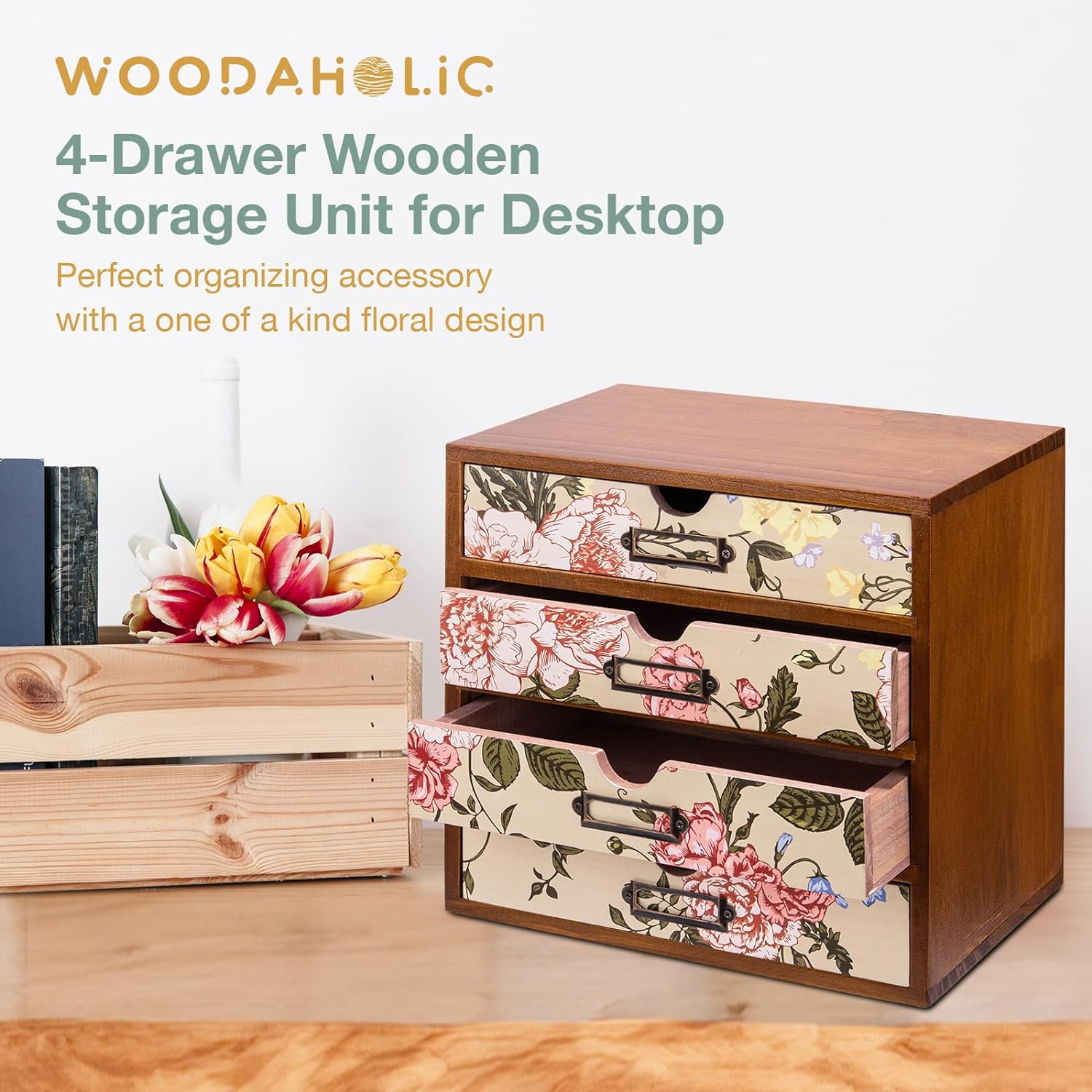 Load image into Gallery viewer, Vintage Desk Organizer with Vintage Off White Floral Drawers - Wooden Storage Drawers for Tabletop