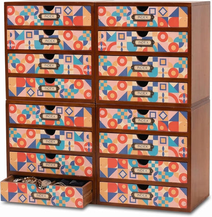 Colorful Mid-Century Modern 16-Drawer Organizer - Stackable Wooden Storage Cabinet with Label Holders for Makeup, Cables, Stationery & Accessories