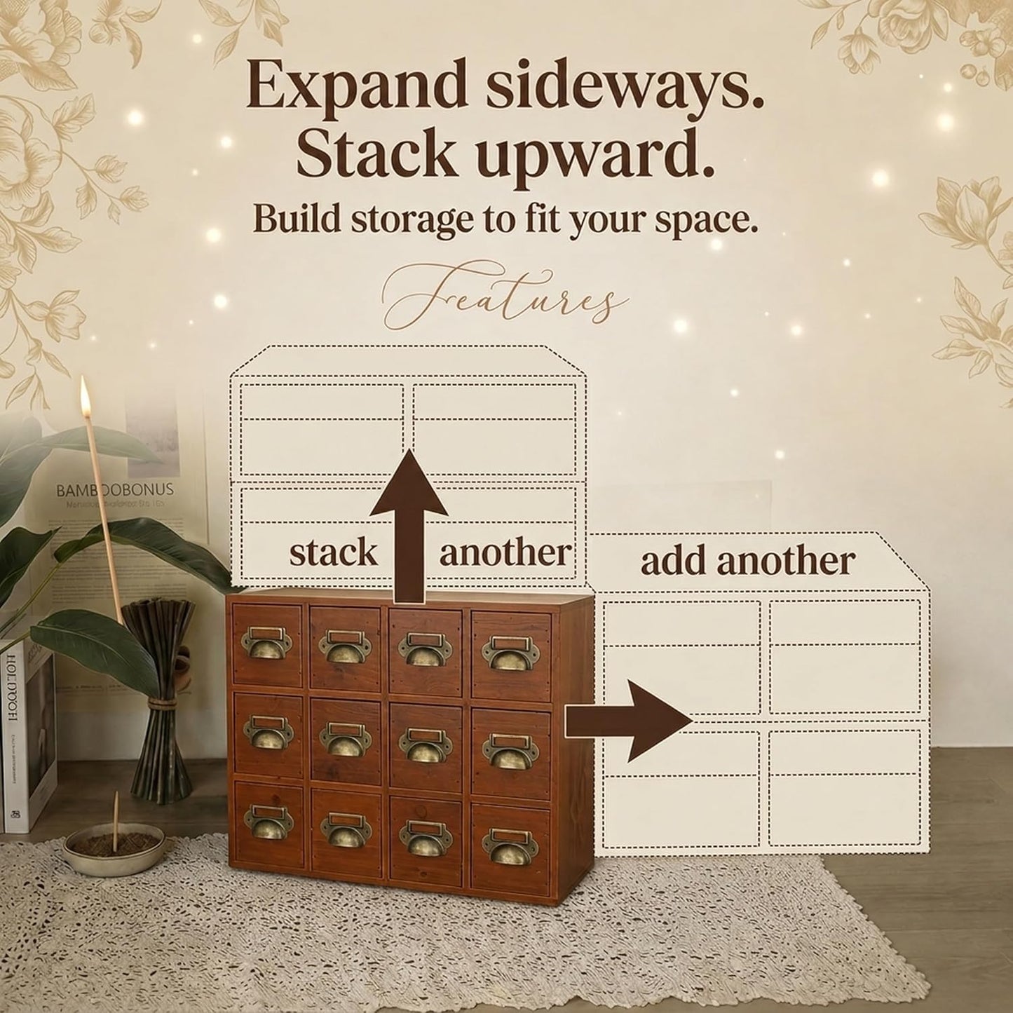 48-Drawer Wooden Apothecary Organizer - Stackable Card Catalog Storage Cabinet for Beads, Hardware, Spices, Tea & Craft Supplies