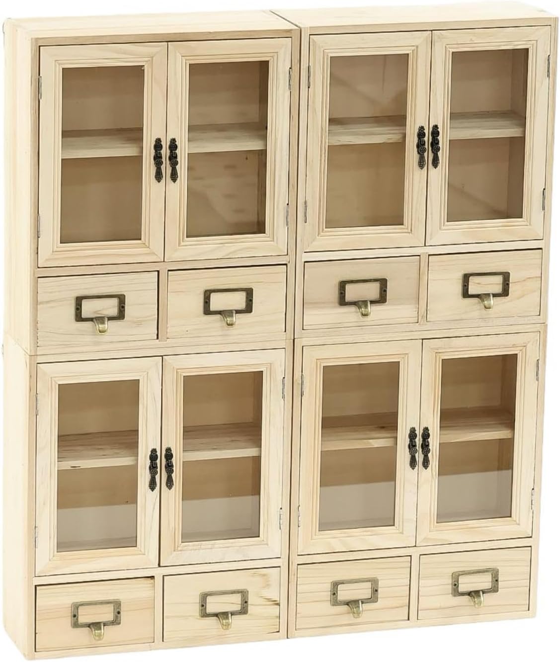 Natural Pine Glass Door Display Cabinet Set - Stackable 4-Piece Wooden Storage Organizer with 8 Drawers for Collectibles, Tea, Crafts & Decor