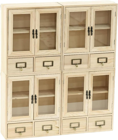 Natural Pine Glass Door Display Cabinet Set - Stackable 4-Piece Wooden Storage Organizer with 8 Drawers for Collectibles, Tea, Crafts & Decor