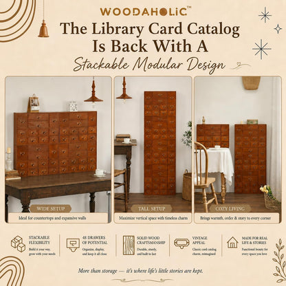 48-Drawer Library Card Catalog Organizer - Stackable Wooden Apothecary Storage Cabinet for Tea, Essential Oils, Office Supplies & Small Parts