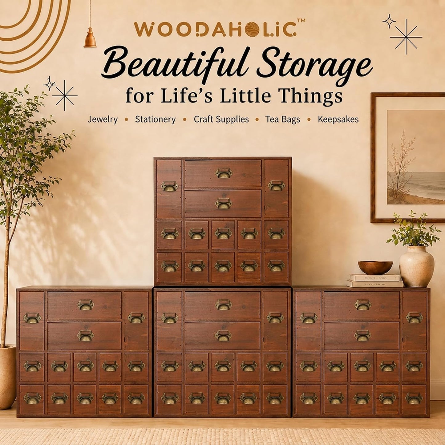 56-Drawer Wooden Apothecary Organizer - Stackable Library Card Catalog Storage Cabinet for Trading Cards, Stickers, Beads & Hardware