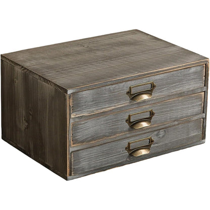 Stone Gray Wooden 3-Drawer Desktop Organizer - Stackable Modular Storage Cabinet with Label Pull Handles for Desk & Shelf