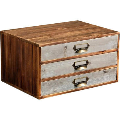 Two-Tone Wood 3-Drawer Organizer - Stackable Desktop Storage Cabinet with Label Pulls for Mail, Receipts, Accessories & Hobby Supplies