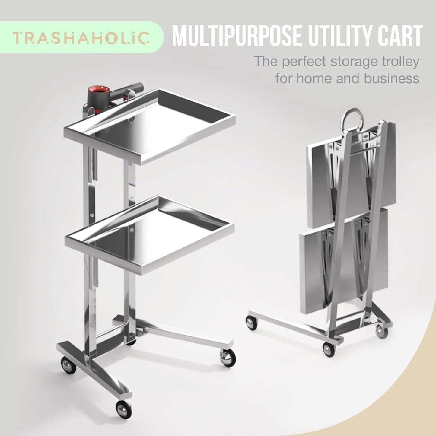 Multipurpose 2-Tray Utility Cart on Wheels - Stainless Steel 2 Level Medical Trolley Cart with Foldable Storage Trays