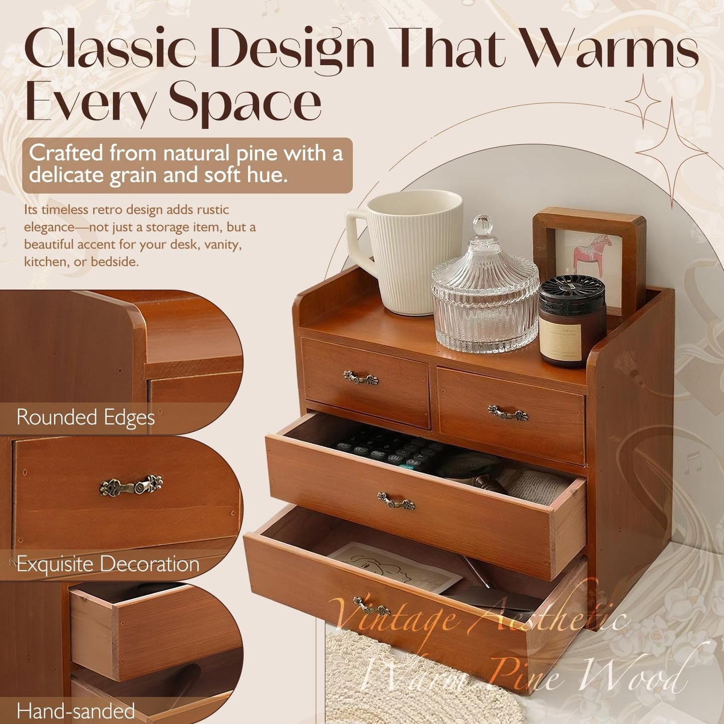 Vintage Wooden 4-Drawer Desk Organizer Cabinet | Small Desktop Storage Chest for Jewelry, Makeup, Office Supplies & Accessories