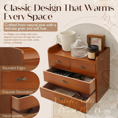 Vintage Wooden 4-Drawer Desk Organizer Cabinet | Small Desktop Storage Chest for Jewelry, Makeup, Office Supplies & Accessories