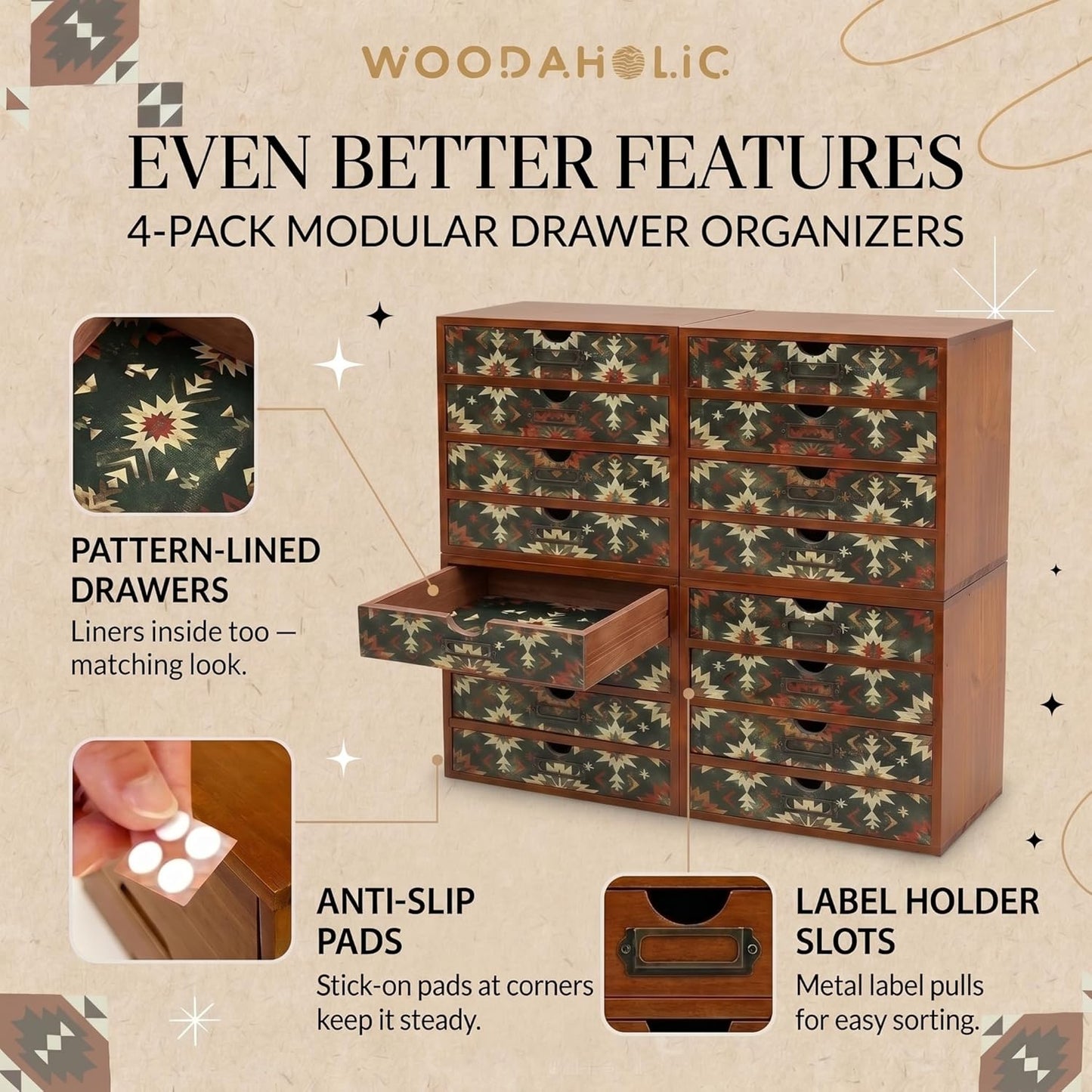 Boho Geometric 16-Drawer Wooden Organizer Set - Modular Stackable Desktop Storage Cabinet for Desk, Vanity, Kitchen, Crafts & Jewelry