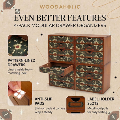 Boho Geometric 16-Drawer Wooden Organizer Set - Modular Stackable Desktop Storage Cabinet for Desk, Vanity, Kitchen, Crafts & Jewelry