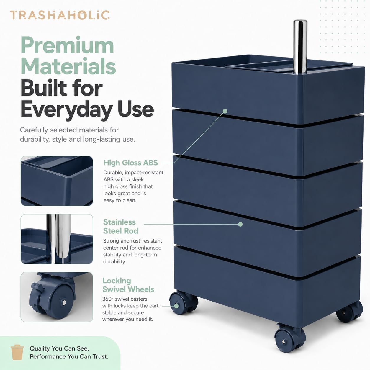 5-Tier Rolling Drawer Storage Cart with 360° Rotating Trays & Locking Wheels - Navy Blue