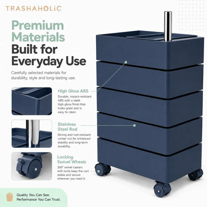 5-Tier Rolling Drawer Storage Cart with 360° Rotating Trays & Locking Wheels - Navy Blue