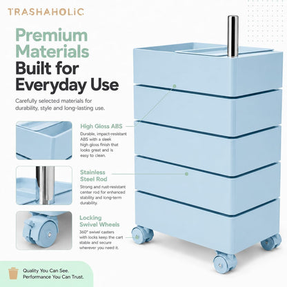 Mid-Century Modern 5-Drawer Rolling Utility Storage Cart with 360° Rotating Drawers & Locking Wheels - Light Blue