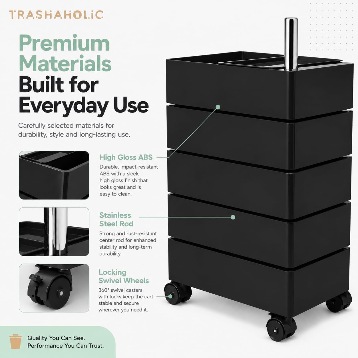 Mid-Century Modern 5-Drawer Rolling Utility Storage Cart with 360° Rotating Drawers & Locking Wheels - Black