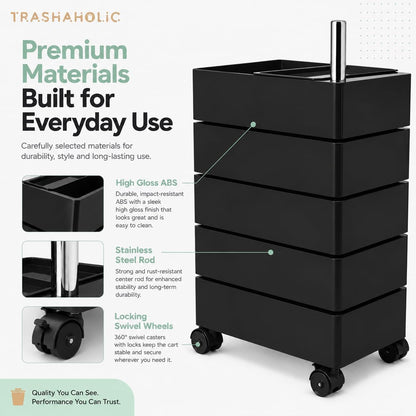 Mid-Century Modern 5-Drawer Rolling Utility Storage Cart with 360° Rotating Drawers & Locking Wheels - Black