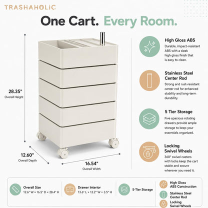 5-Drawer Rolling Utility Storage Cart with 360° Rotating Drawers & Locking Wheels - Cream