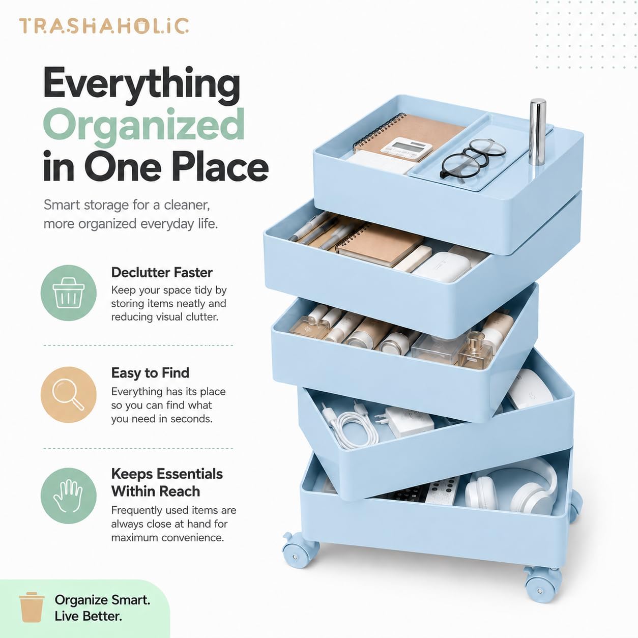 Mid-Century Modern 5-Drawer Rolling Utility Storage Cart with 360° Rotating Drawers & Locking Wheels - Light Blue