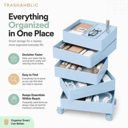 Mid-Century Modern 5-Drawer Rolling Utility Storage Cart with 360° Rotating Drawers & Locking Wheels - Light Blue