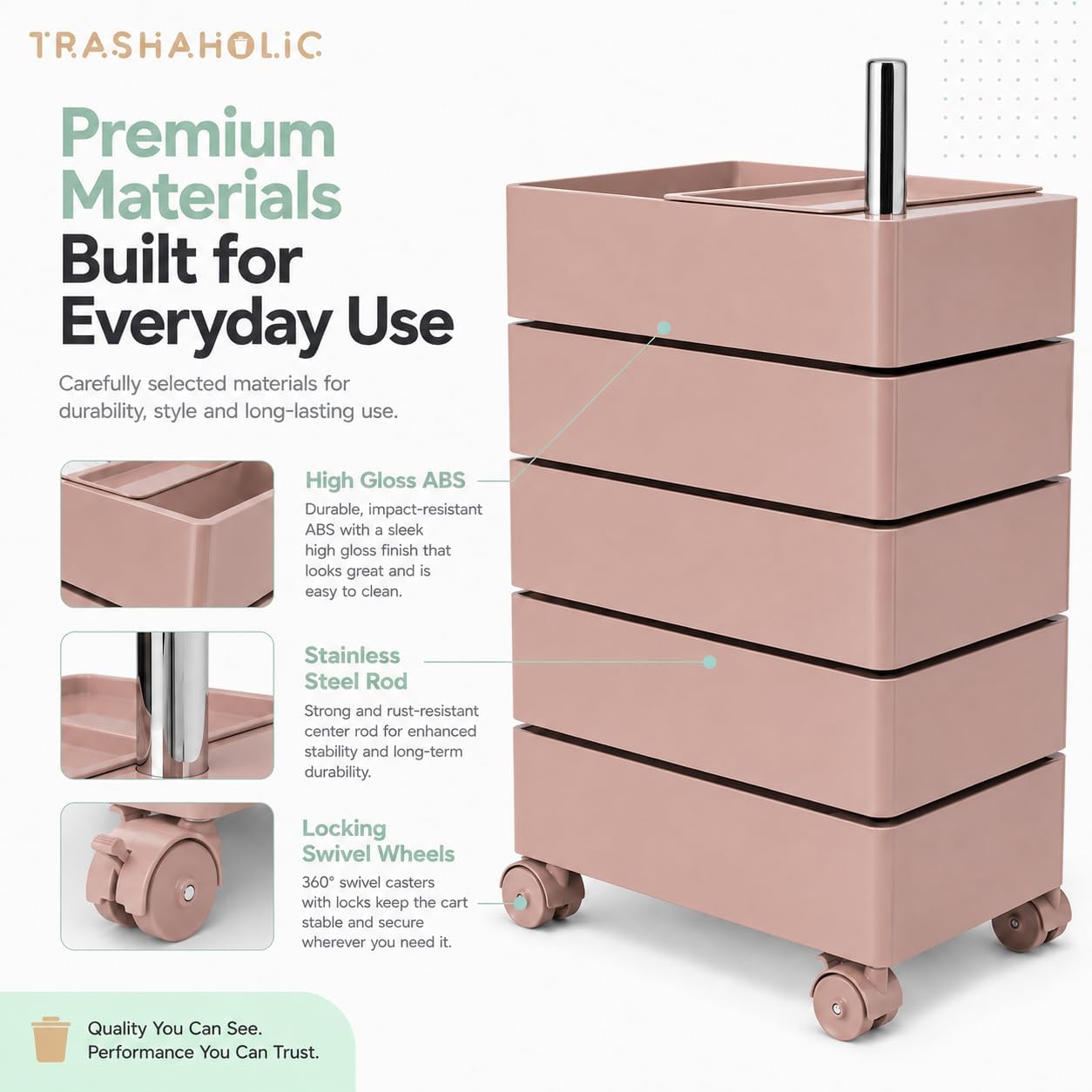 Mid-Century Modern 5-Drawer Rolling Utility Storage Cart with 360° Rotating Drawers - Pink