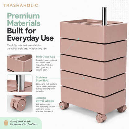 Mid-Century Modern 5-Drawer Rolling Utility Storage Cart with 360° Rotating Drawers - Pink
