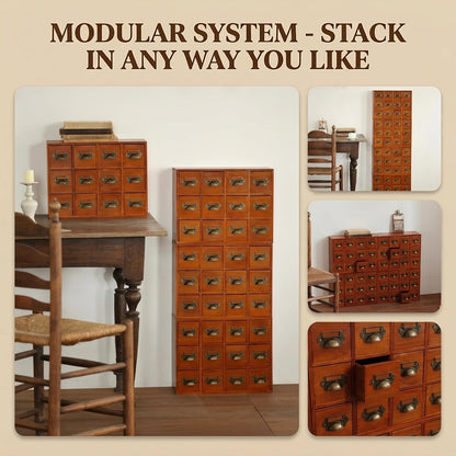 48-Drawer Wooden Apothecary Organizer - Stackable Card Catalog Storage Cabinet for Beads, Hardware, Spices, Tea & Craft Supplies