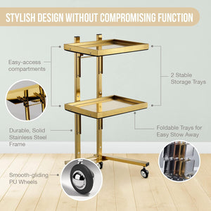 Gold 2-Tier Fooldable Utility Cart on Wheels - Mobile Storage for Dental Tools, Cavitation Machine, Salon Supplies