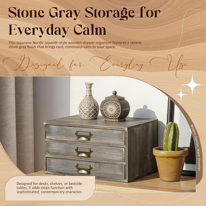Stone Gray Wooden 3-Drawer Desktop Organizer - Stackable Modular Storage Cabinet with Label Pull Handles for Desk & Shelf