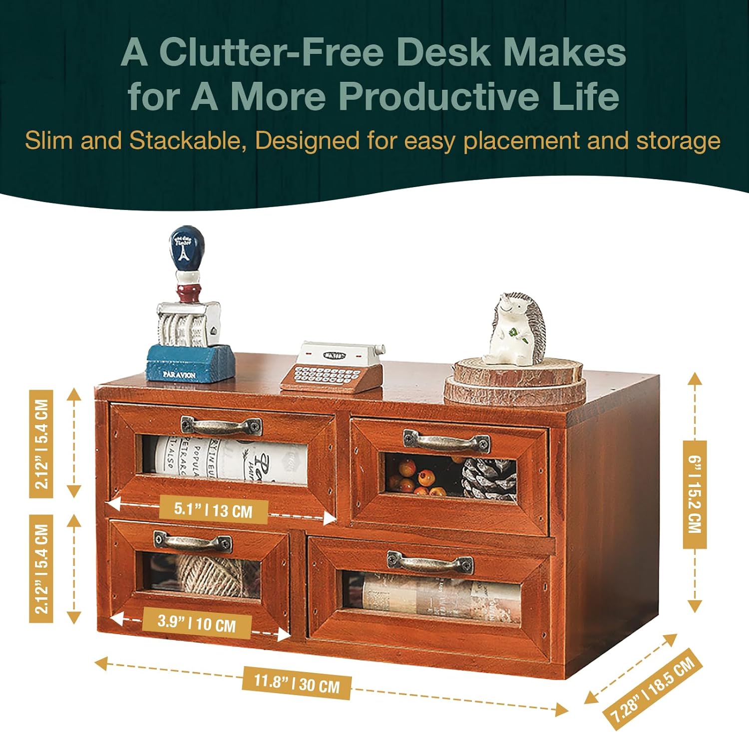 Versatile Mahogany Desk Organizer: 4 Clear Drawers for Easy Storage Primo Supply l Modern and Vintage Storage Versatile Mahogany Desk Organizer: 4 Clear Drawers for Easy Storage Primo Supply l Modern and Vintage Storage