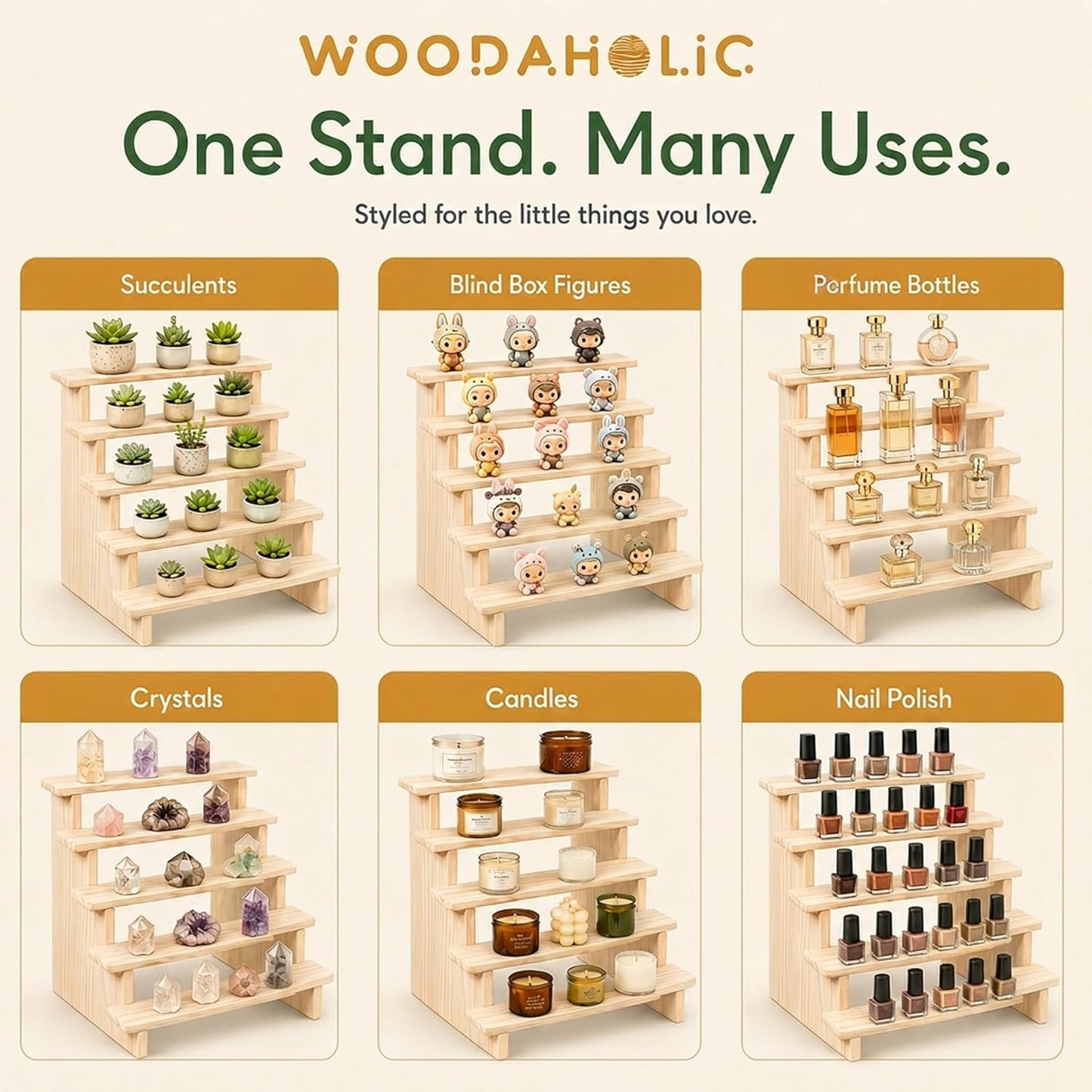 Natural Wood 5-Tier Display Riser Stand - Tabletop Stair-Step Shelf for Perfume, Cupcakes, Candles, Crystals, Nail Polish & Vendor Booths