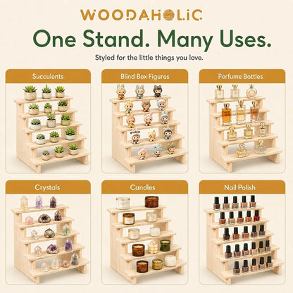 Natural Wood 5-Tier Display Riser Stand - Tabletop Stair-Step Shelf for Perfume, Cupcakes, Candles, Crystals, Nail Polish & Vendor Booths