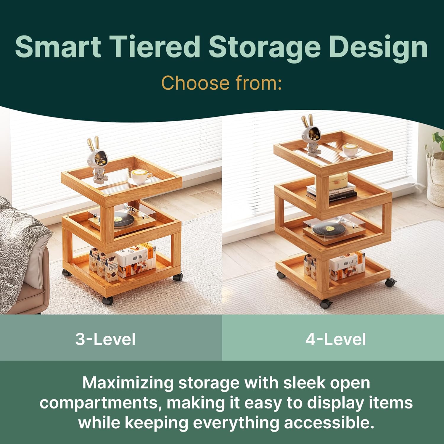 Premium Bamboo Rolling Cart – 4-Tier