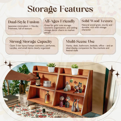 Vintage Wooden 3-Tier Desktop Shelf Organizer Set of 2 – Small Tabletop Display Shelves for Desk, Vanity, Counter, Cosmetics & Collectibles