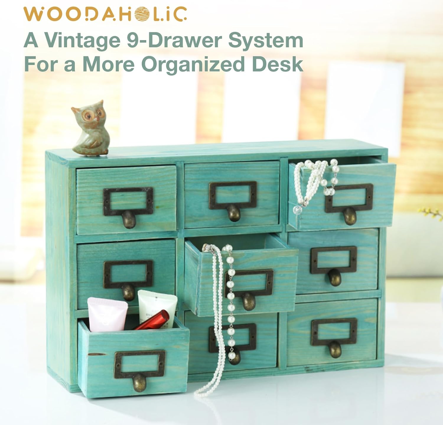 Load image into Gallery viewer, Teal Wooden Drawer Organizer for Desktop - Vintage Apothecary Cabinet With 9 Drawers - Wood Desk Organizer