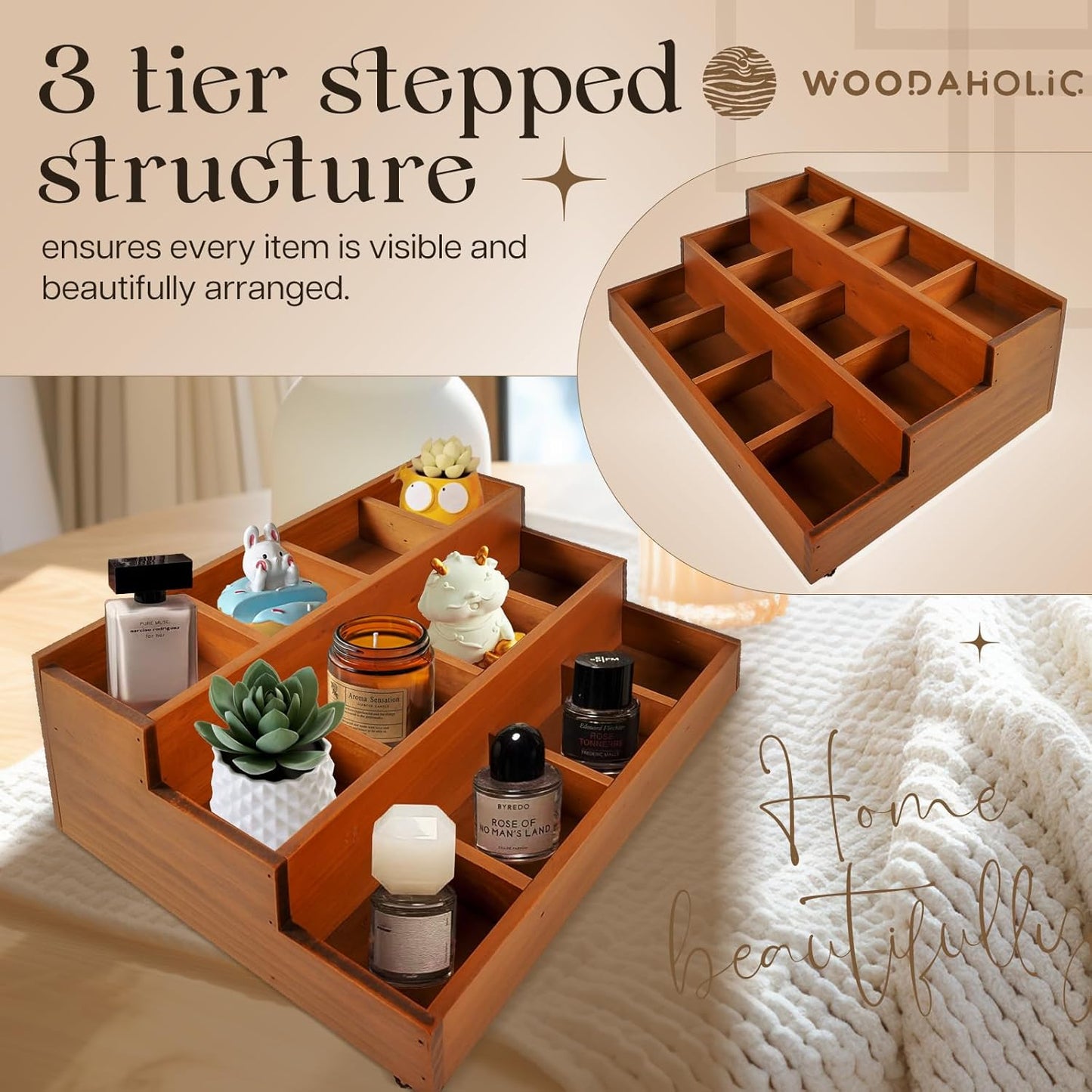 Wooden 3-Tier Display Riser Shelf – Stackable Desktop Organizer for Plants, Candles, Collectibles & Stationery