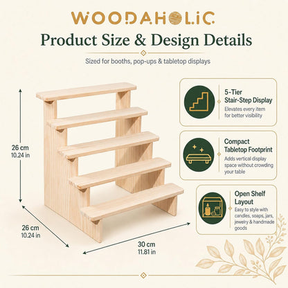 Natural Wood 5-Tier Display Riser Stand - Tabletop Stair-Step Shelf for Perfume, Cupcakes, Candles, Crystals, Nail Polish & Vendor Booths