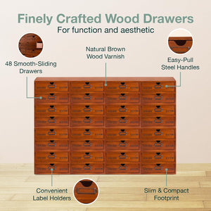 48-Drawer Wooden Storage Box-12*4-Drawer Desktop Organizer Units with Label Holders