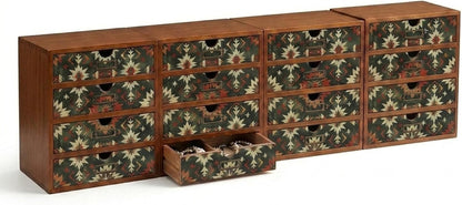 Boho Geometric 16-Drawer Wooden Organizer Set - Modular Stackable Desktop Storage Cabinet for Desk, Vanity, Kitchen, Crafts & Jewelry