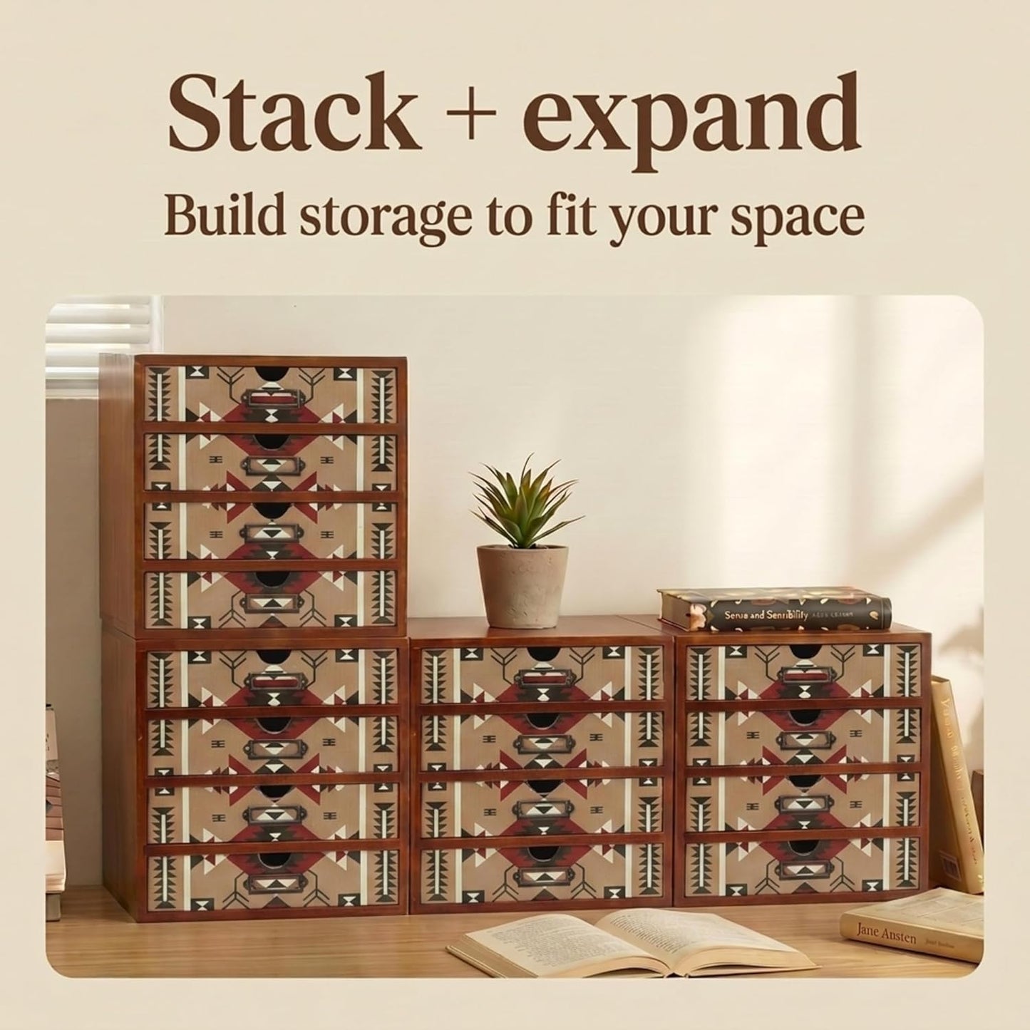 Southwestern Geometric 16-Drawer Wooden Organizer - Stackable Storage Cabinet with Label Pulls for Jewelry, Beads, Cables & Craft Supplies