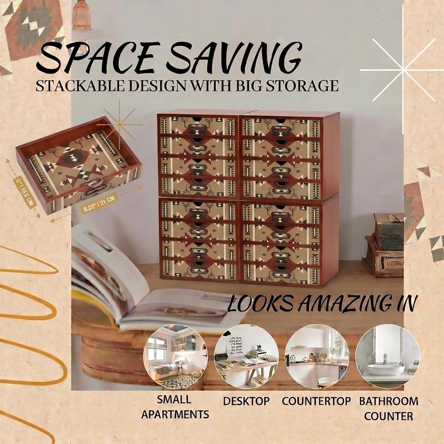 Southwestern Geometric 16-Drawer Wooden Organizer - Stackable Storage Cabinet with Label Pulls for Jewelry, Beads, Cables & Craft Supplies